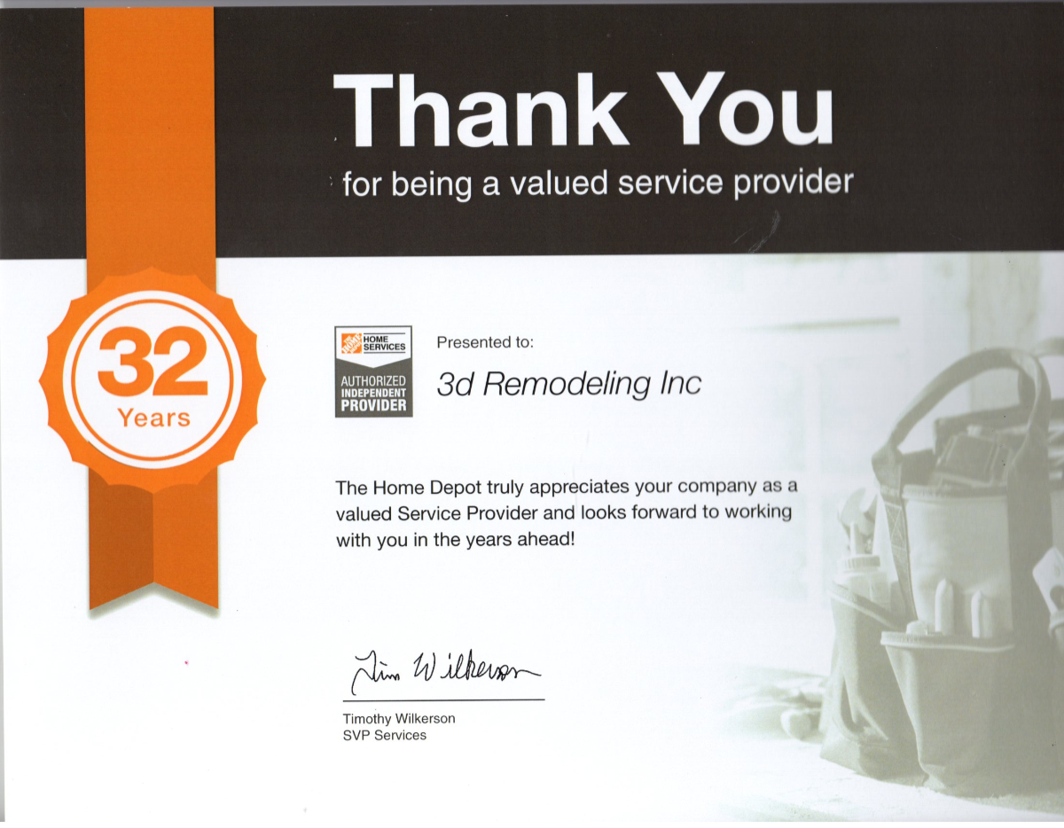 To be allowed to work with Home Depot is an earned priviledge. 3D Remodeling has all employees background checked, and had to provide excellent customer service