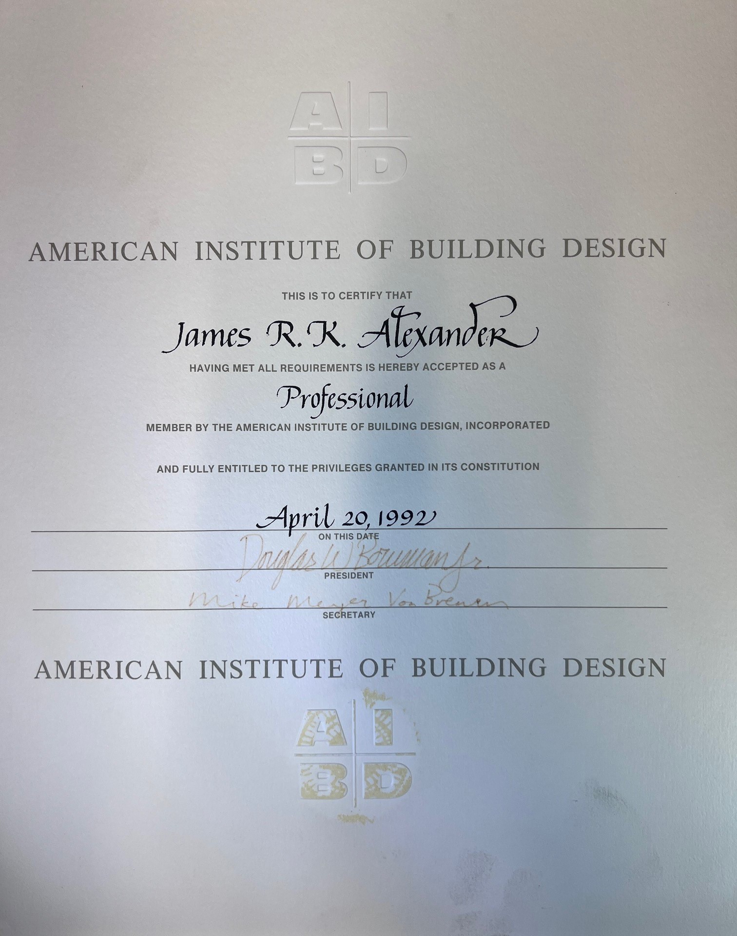 James Alexander at 3D Remodeling passed the examination and architectural drawing examination to the high standards of the AIBD.