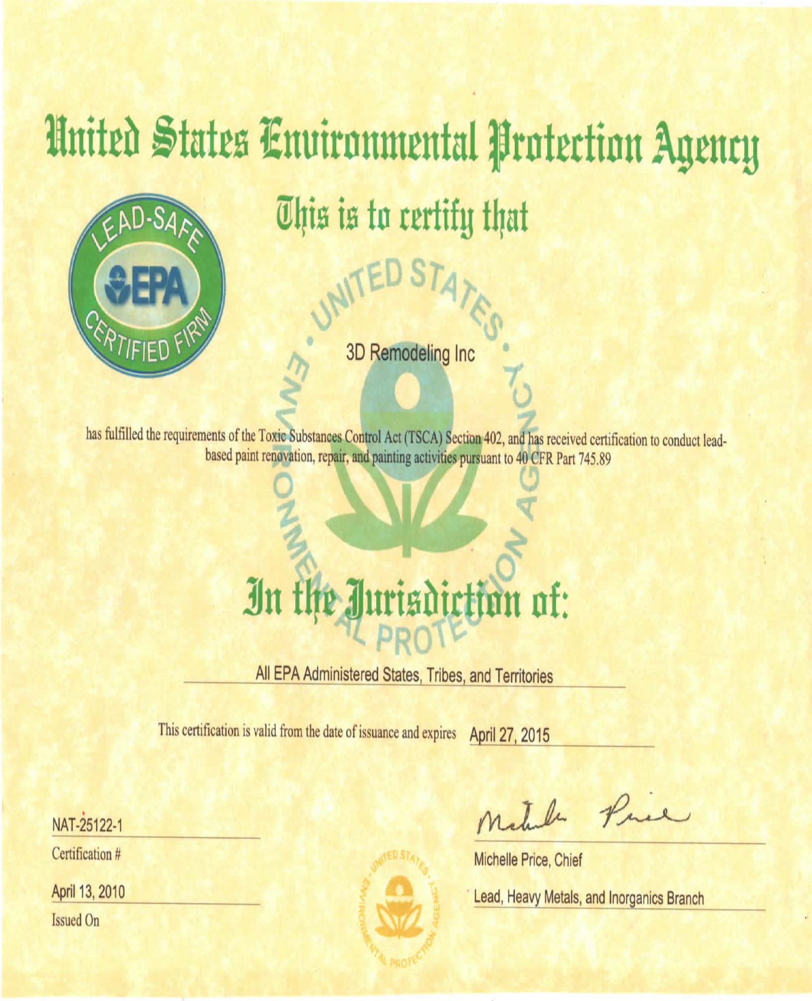 The EPA has cerified 3D Remodeling and its employees by taking regular classes and instruction to protect customers from the hazards of Lead Paint.