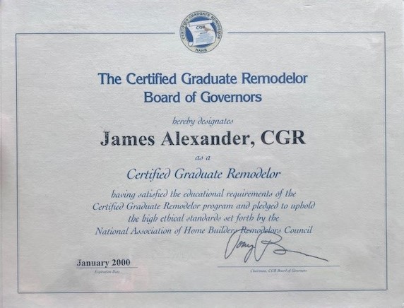 Having satisfied the educationsl requirements of the Certified Graduate Remodelor program and pledged to uphold the high ethical standars set forth by the NAHB.